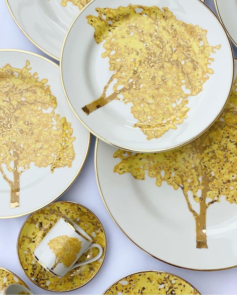 Prato de sobremesa c/ ouro 24k | Ipê Amarelo